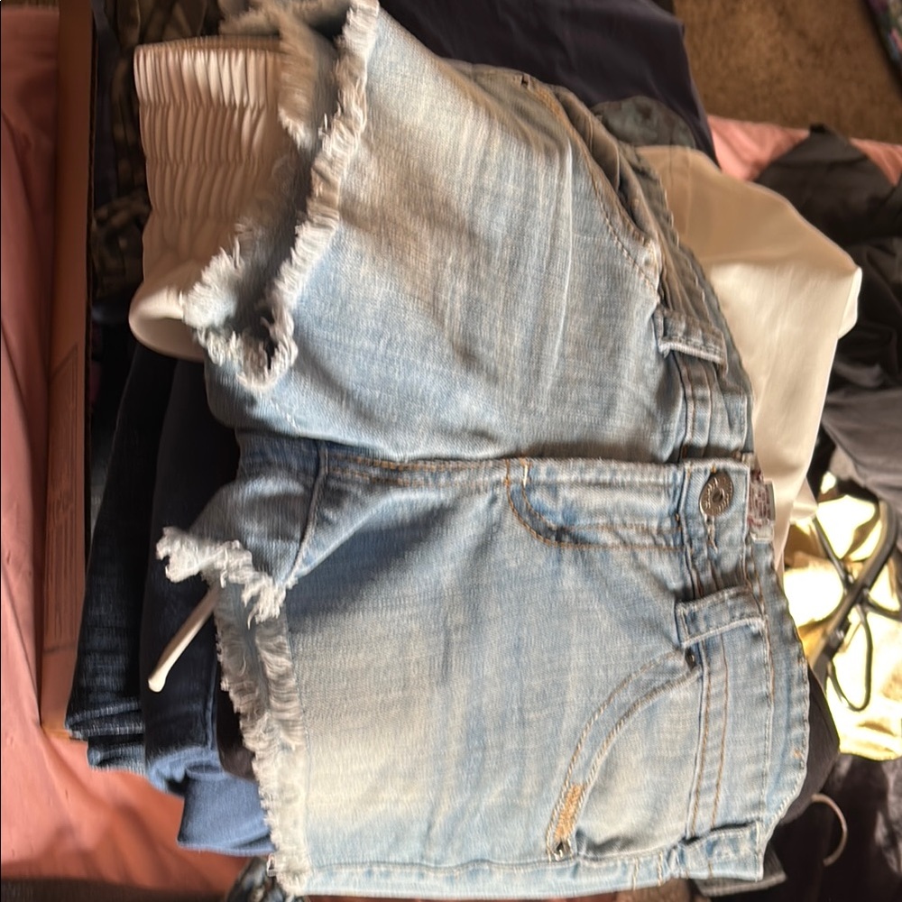 Mudd Blue Jean Shorts with Frayed Hem and High-Waisted Design